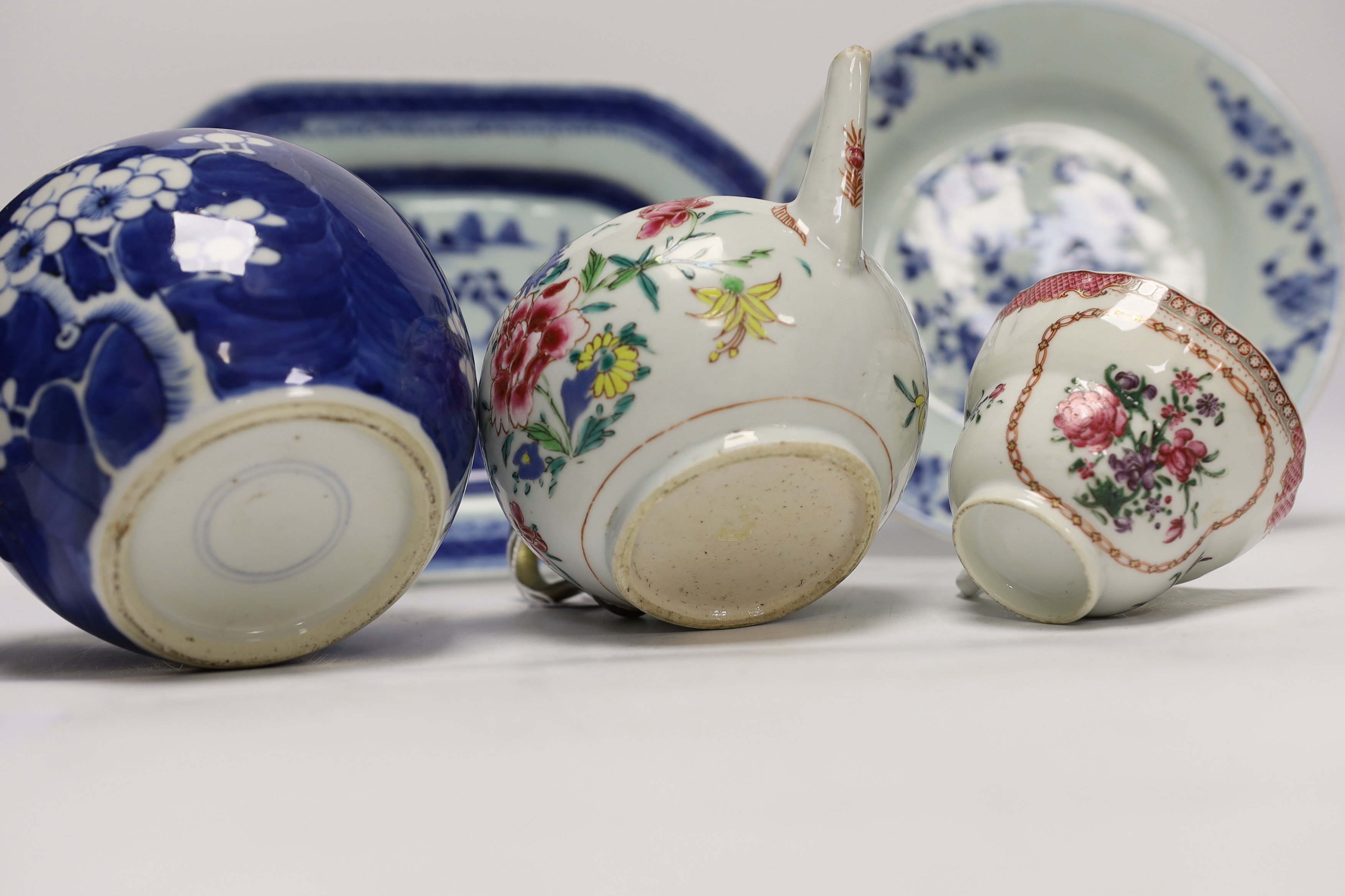 An 18th/19th century Chinese teapot, cup, dish, platter, jar and a cloisonne box, platter 28.5cm wide